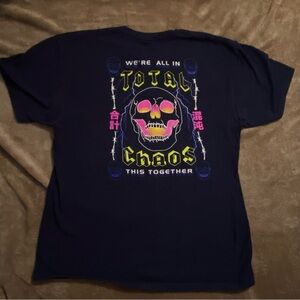 Skin & Bones Navy Blue Bright Graphic T Shirt Were all in this Total Chaos L
